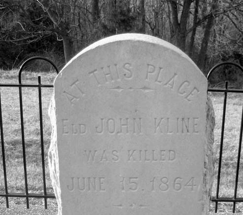 The stone marker at the site where John Kline was killed