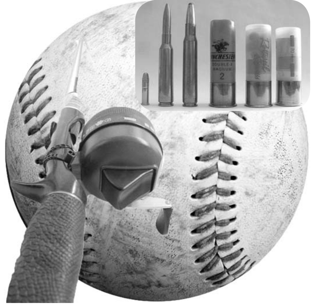 A collage of a baseball, a scoped firearm, and ammunition