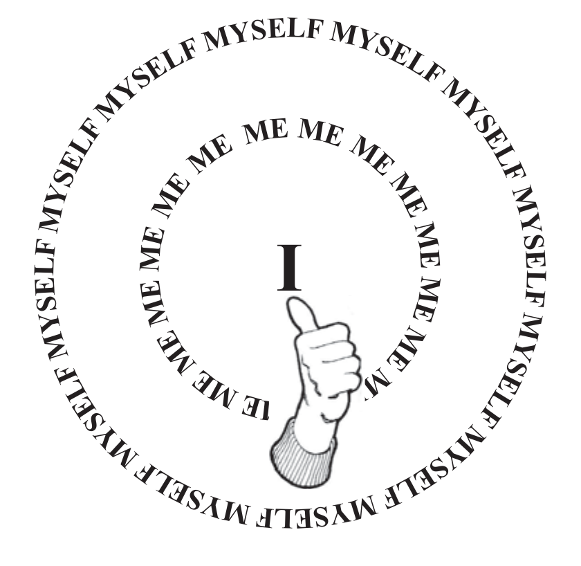 The words MYSELF and ME circling the letter I and a hand pointing upward