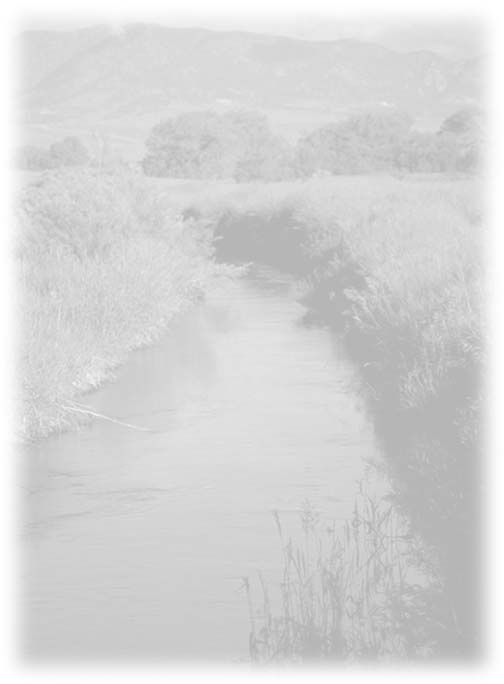 Stream between grassy banks with trees and hills beyond