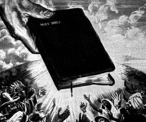 A large Bible held above an outstretched crowd