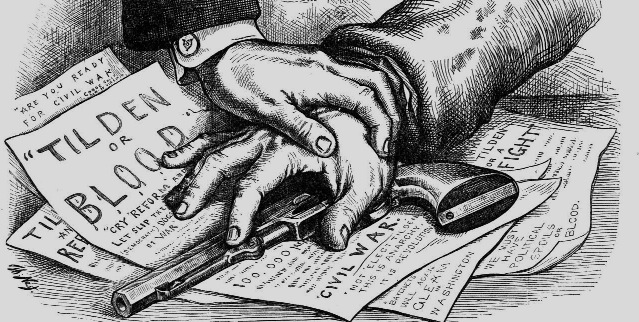 A hand holding a dagger over printed papers