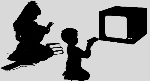 Silhouettes of a child reading and a child watching television