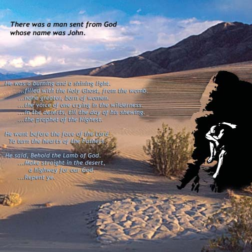 A desert landscape and a profile of John the Baptist accompany printed scripture passages.