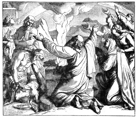 Biblical figures gathered around a rising flame