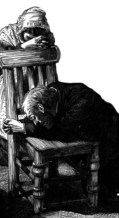 Two people bowing their heads in prayer beside chairs
