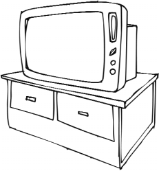 A television set on a cabinet.