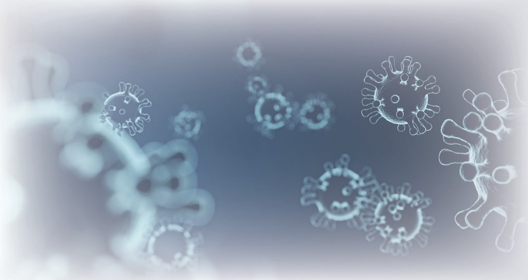 A blue-toned illustration of microscopic virus particles