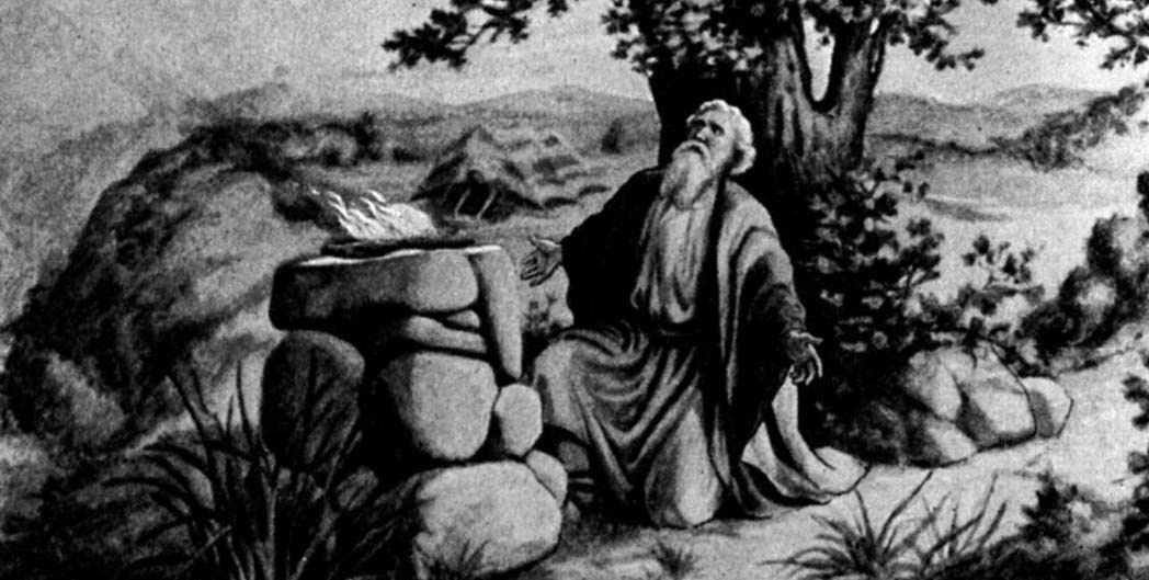 Abraham beside an altar beneath trees