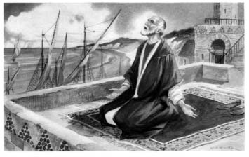 A man kneeling in prayer on a rooftop overlooking boats.