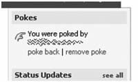 A Facebook Pokes panel showing options to poke back or remove a poke.