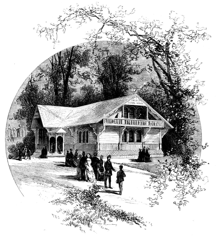 People approaching a schoolhouse among trees