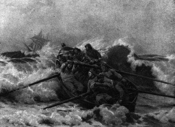Men in a small boat on a stormy sea