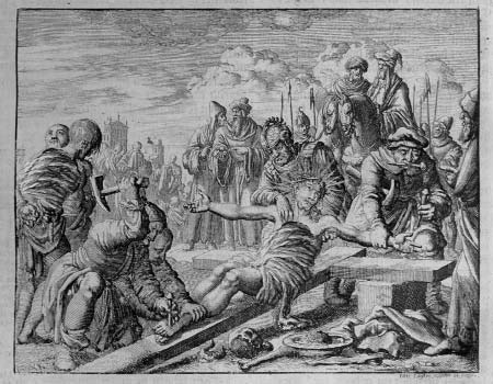 Engraving of a man lying on a cross while several people surround him.