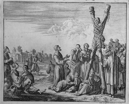 Engraving of a man bound to an X-shaped cross, with people gathered around him.