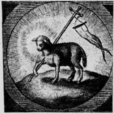 Engraving of a lamb carrying a banner.