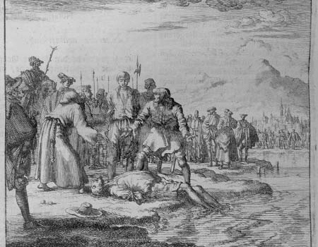 Engraving of a man lying at the edge of water with a crowd standing nearby.