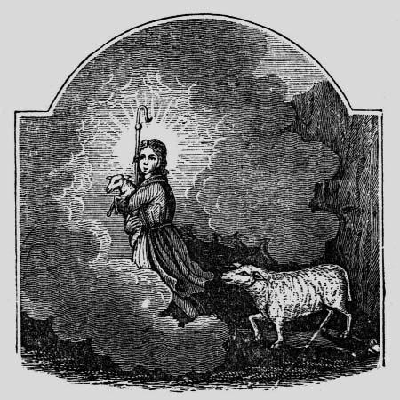 Engraving of a shepherd carrying a lamb while a wolf approaches.