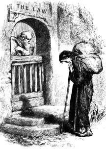 A burdened traveler stands before a doorway marked THE LAW.