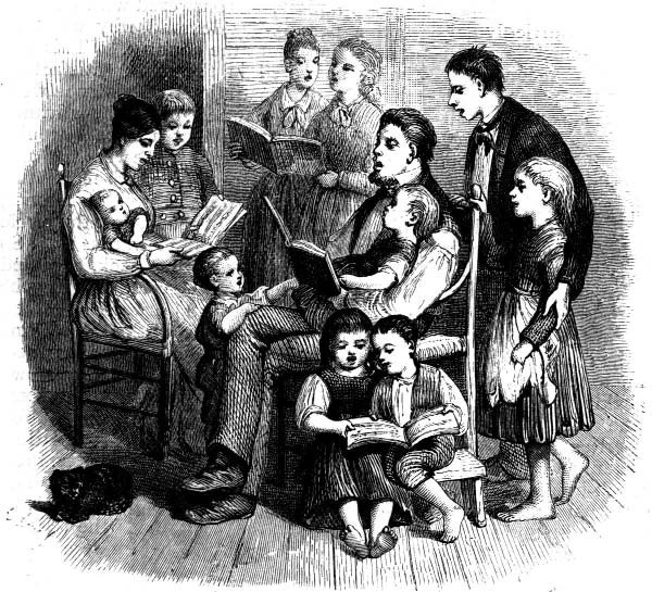 Family members gathered with open books in a home