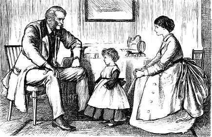 A seated man and woman with a young child between them in a home