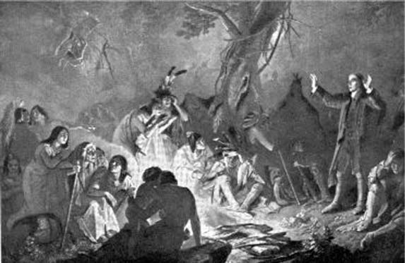 Zeisberger preaching to a seated group among trees