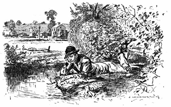 A boy lies by a pond in a wooded landscape.
