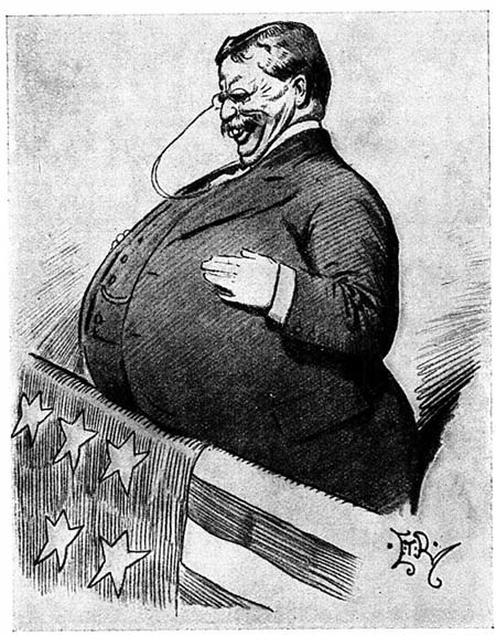 An illustrated smiling man beside a draped American flag.