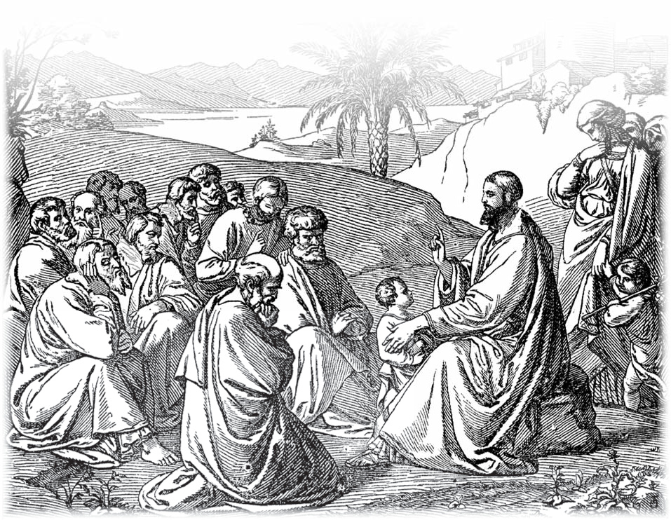 Jesus seated among disciples in a landscape illustration