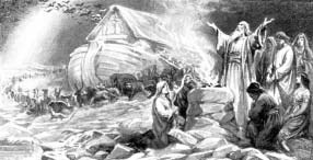 People and animals beside an ark as floodwaters rise.