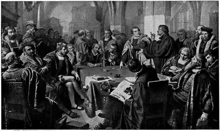 Historical engraving of reformers debating around a table