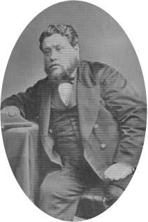 Oval portrait of Charles Spurgeon beside a table