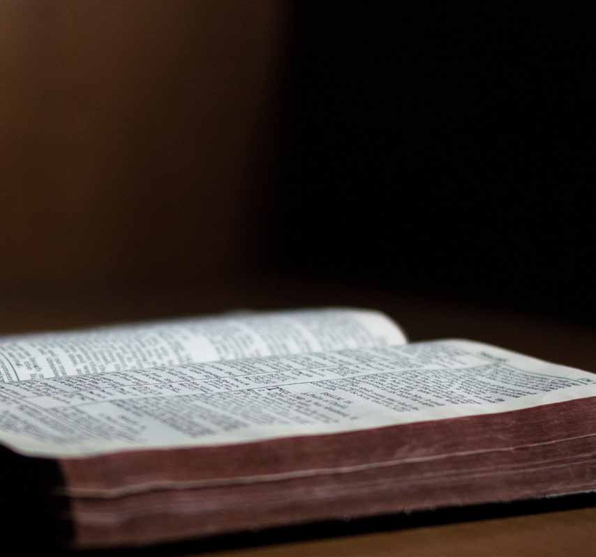Open Bible in low light, right half of a two-page photograph