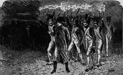 Engraving of soldiers marching in a column
