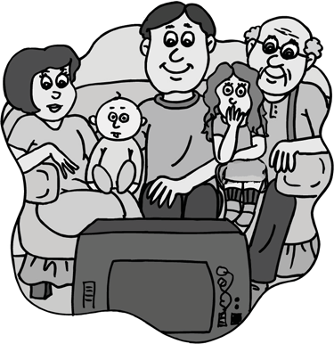 A cartoon of a multigenerational family gathered around a television