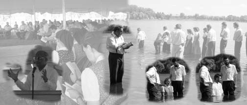 A collage of preaching, a congregation and outdoor baptisms.