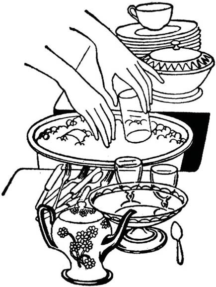 Illustration of a woman serving food and washing dishes