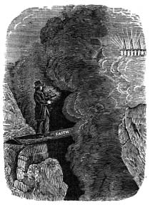 A person crosses a deep gap on a narrow bridge marked FAITH.