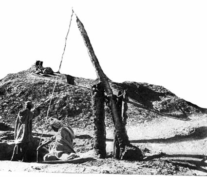 People beside a large wooden structure at a historic site