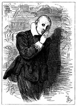 Black-and-white line drawing of a worried man leaning against a wall