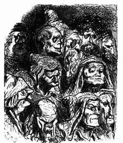 Black-and-white line drawing of a group of distressed faces