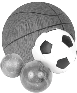 A basketball, soccer ball, volleyball, and small ball
