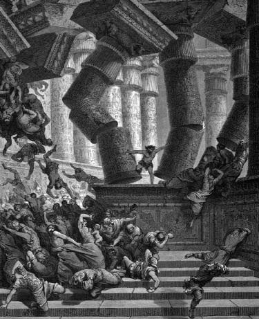 Engraving of falling stone columns and people beneath them