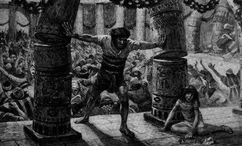 Illustration of Samson standing between two pillars as the temple falls