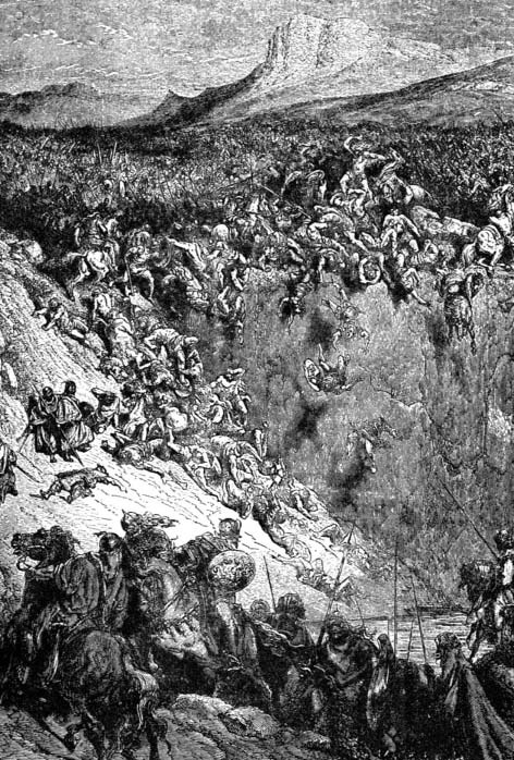 A crowded battle scene in a valley