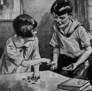 Two boys looking at coins on a table