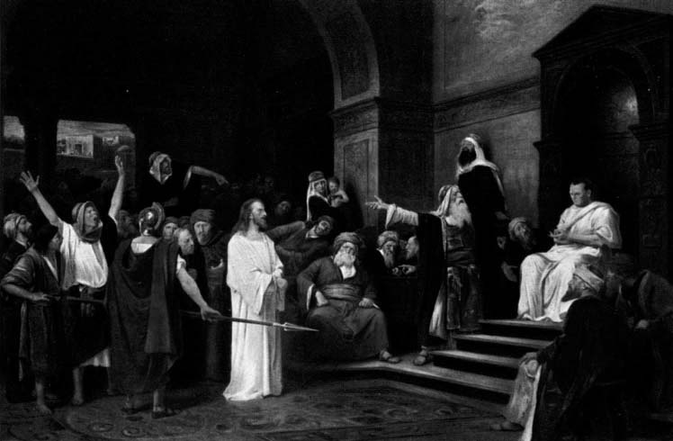 Jesus standing before seated rulers and a crowd