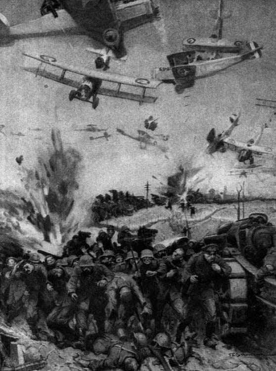 Aircraft above soldiers in a battlefield