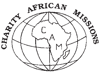 Charity African Missions emblem with a globe and the letters C A M over Africa.
