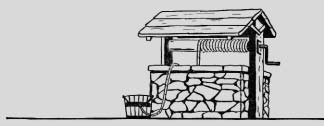 A covered stone well with a bucket.